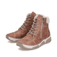 Hellbraune Rieker Damen Schnürstiefel 45931-24 mit flauschigem Schaftrand. Schuhpaar seitlich schräg.