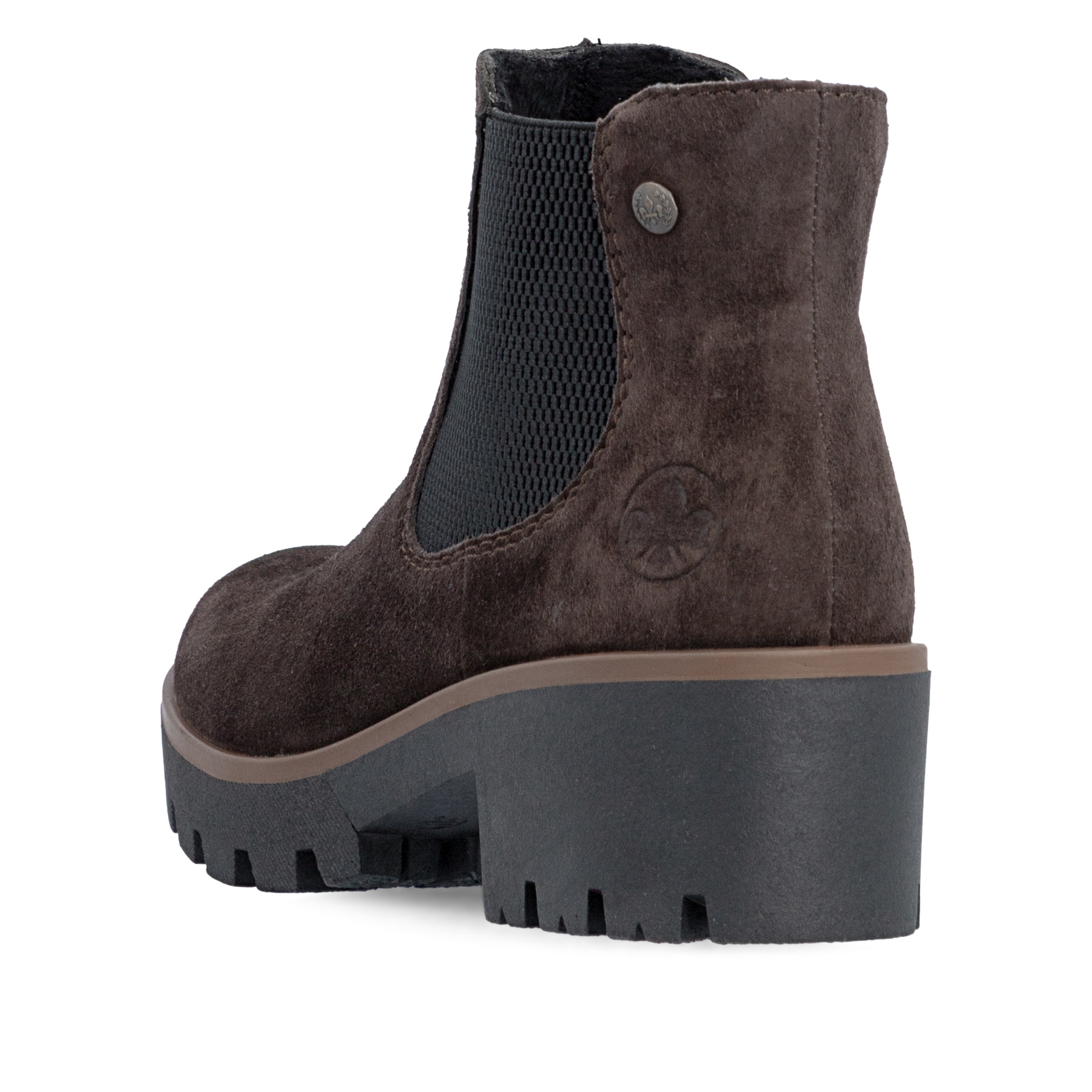 Dunkelbraune Rieker Damen Chelsea Boots 79265-25 aus Rauleder mit einem Gummizug. Schuh von hinten.