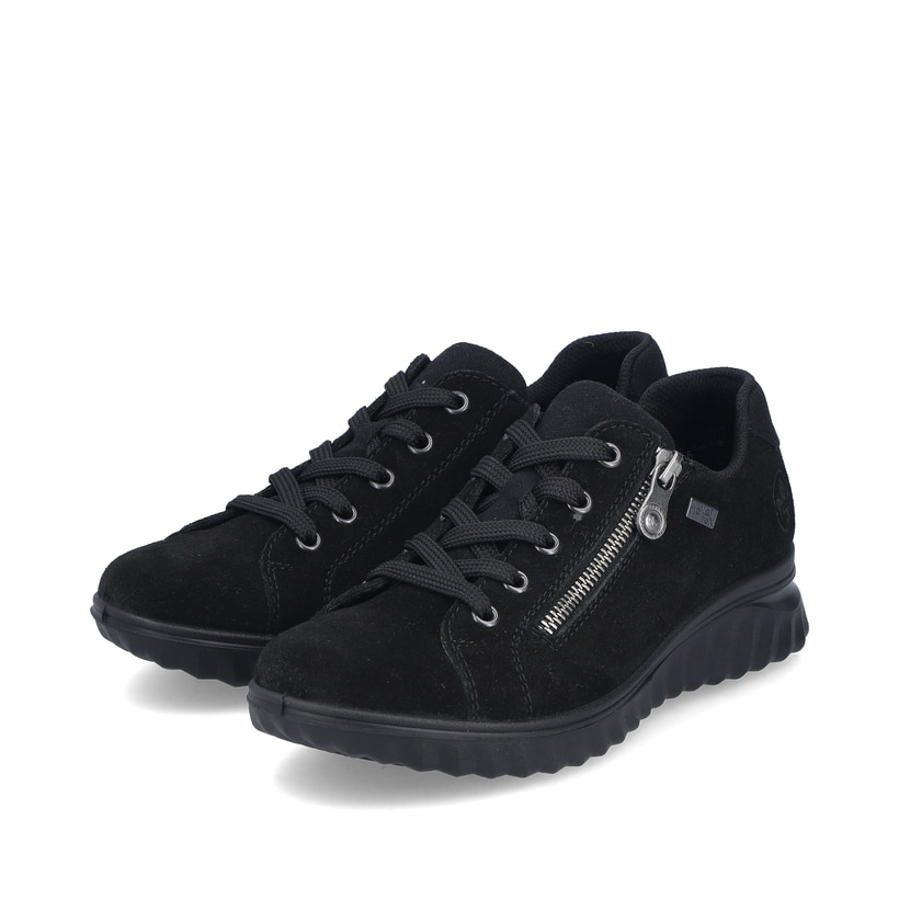 Schwarze Rieker Damen Schnürschuhe 59000-00 mit wasserabweisender TEX-Membran. Schuhpaar seitlich schräg.