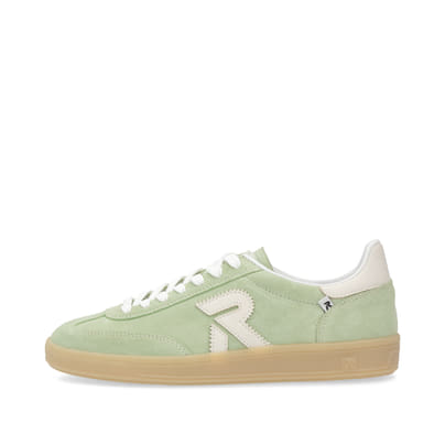 Grüne Rieker Damen Sneaker Low W2200-52 mit Schnürung sowie abriebfester Sohle. Schuh Außenseite.