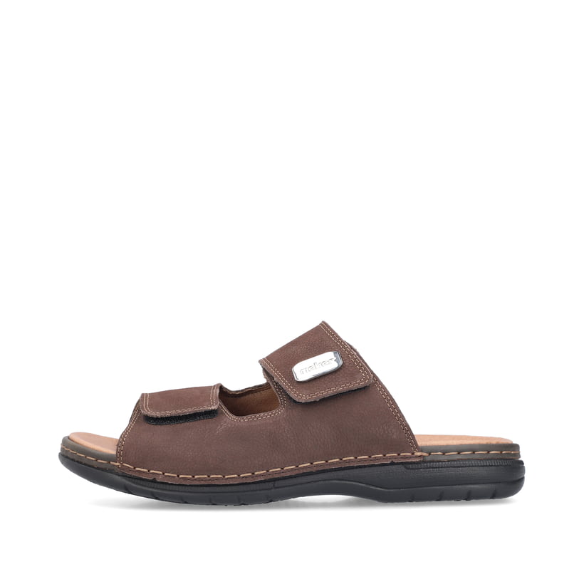 Mules Rieker marron homme 25590-25 en cuir lisse avec fermeture velcro. Côté extérieur de la chaussure.
