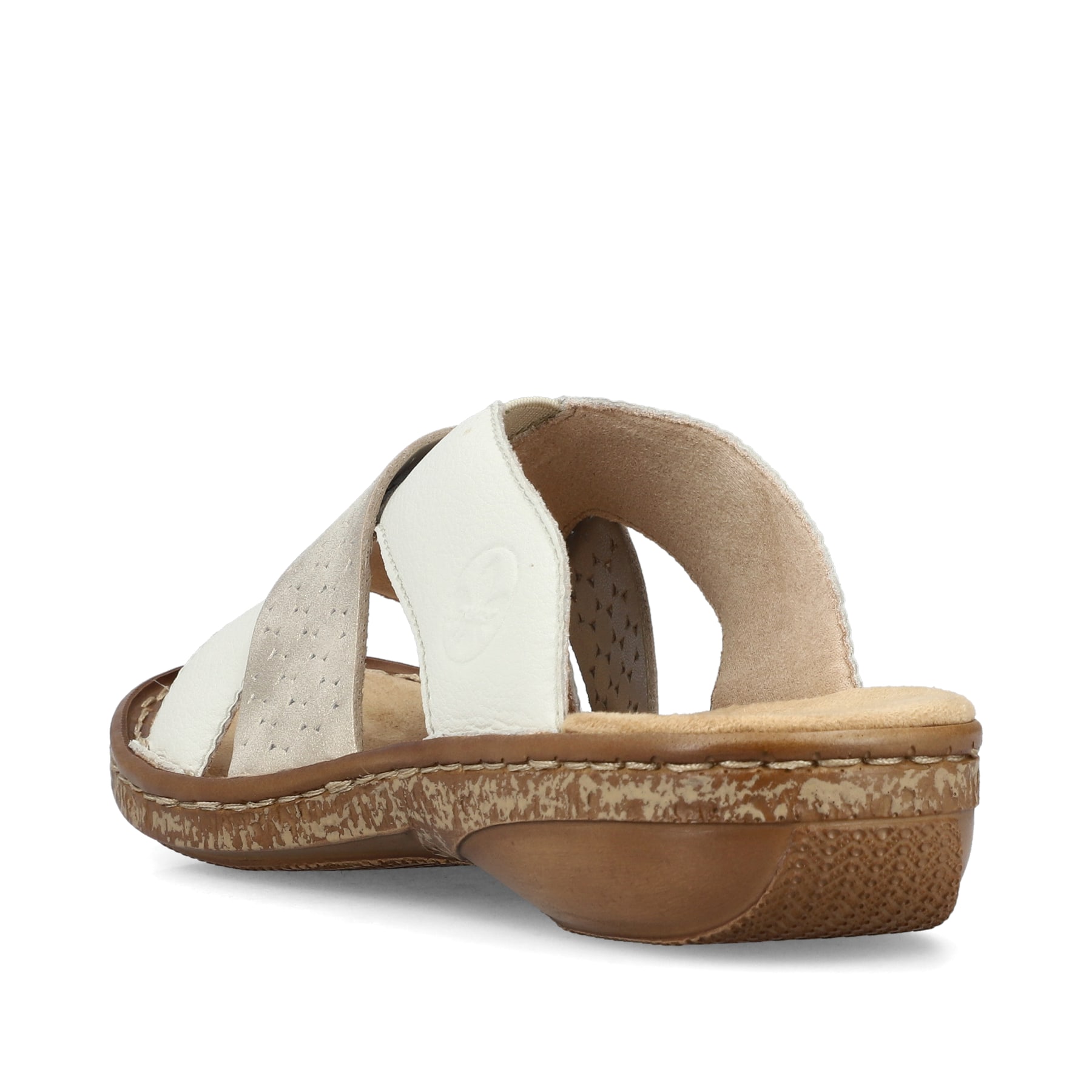 Weiße Rieker Damen Pantoletten 62897-80 in Löcheroptik. Schuh von hinten.