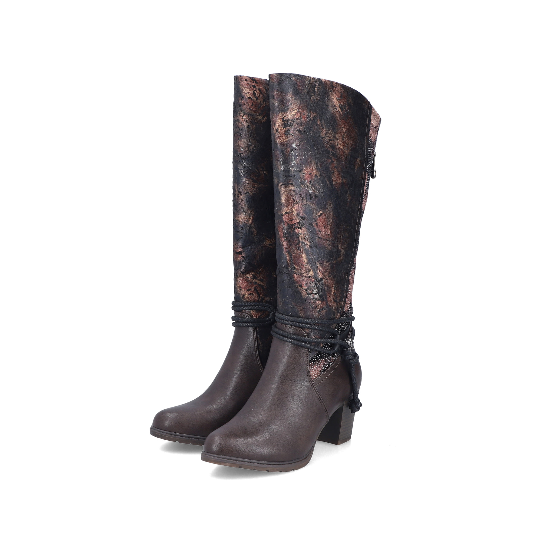 Brombeerfarbene Rieker Damen Hochschaftstiefel 96059-90 mit floralem Aufdruck. Schuhpaar seitlich schräg.