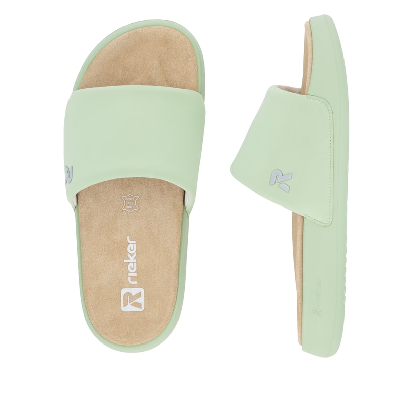 Grüne Rieker Damen Pantoletten W3250-52 mit ultraleichter und flexibler Sohle. Schuh von oben, liegend.