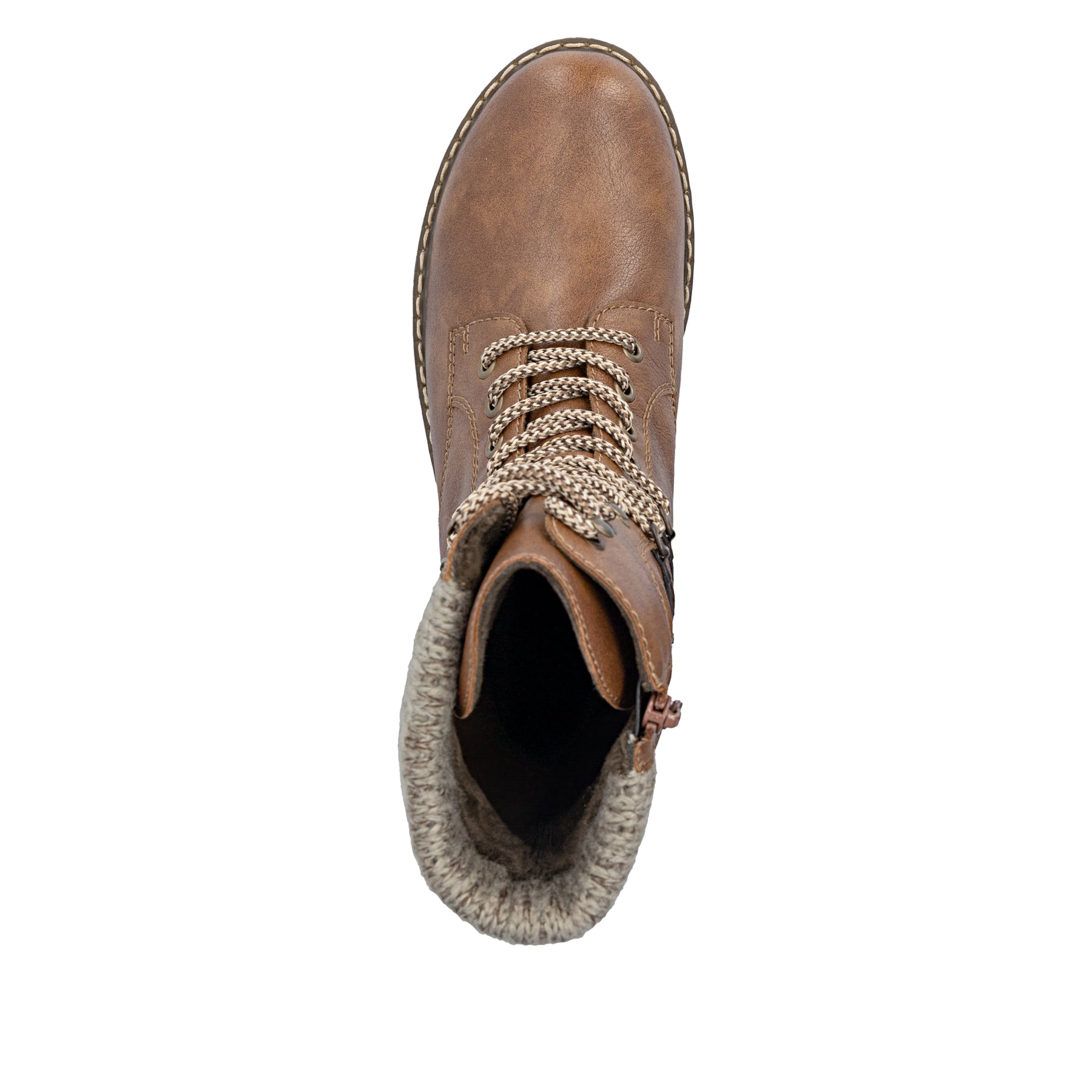 Zimtfarbene Rieker Damen Schnürstiefel Y9107-24 mit Strick-Kragen. Schuh von oben.