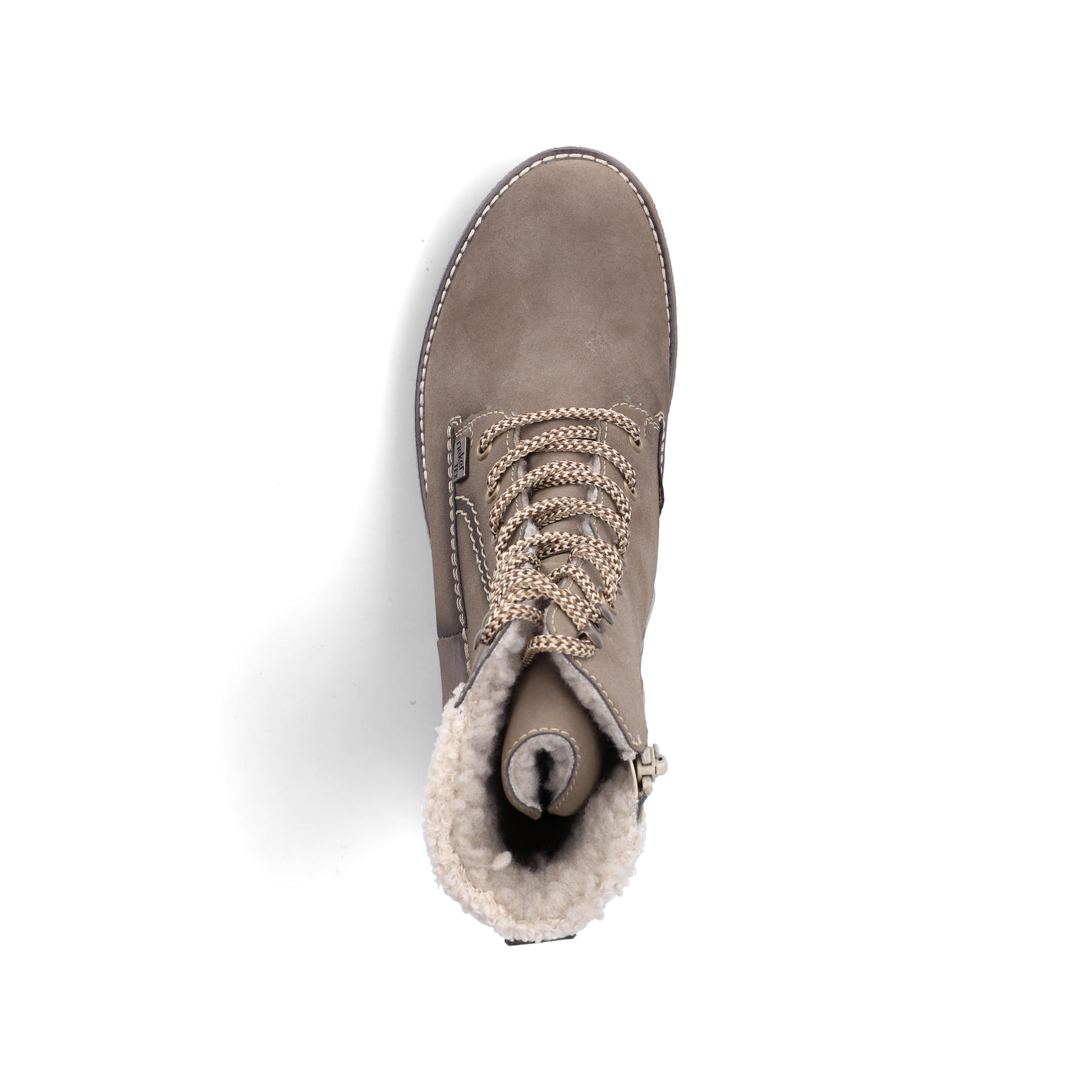 Braun-beige Rieker Damen Schnürstiefel Y8119-25 mit Teddyfell-Kragen. Schuh von oben.