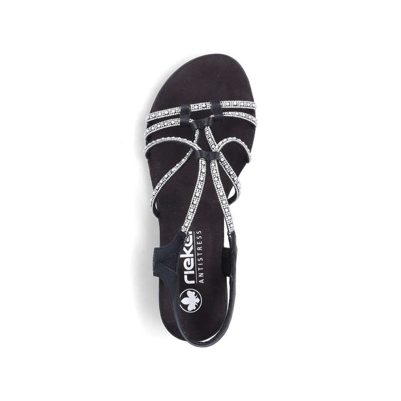 Schwarze vegane Rieker Riemchensandaletten 64970-00 mit Strasssteinen. Schuh von oben.