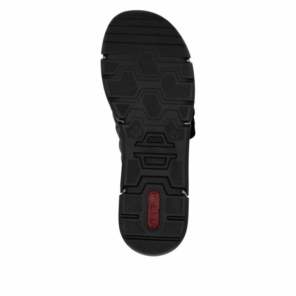 Schwarze Rieker Damen Pantoletten V2351-00 mit floralem Muster. Schuh Laufsohle.