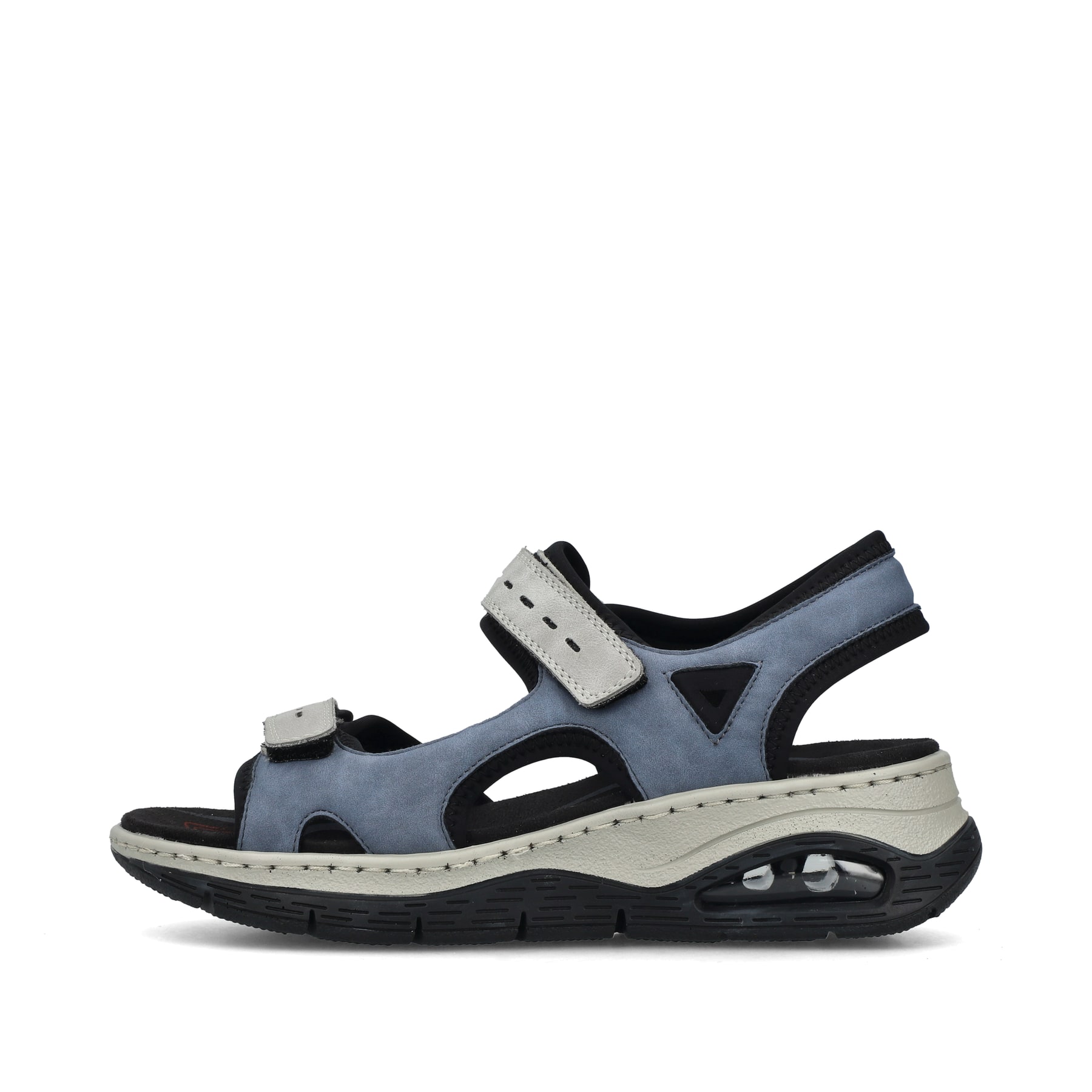 Blaue vegane Rieker Damen Trekkingsandalen 67666-10 mit Rieker Air Sohlenfenster. Schuh Außenseite.