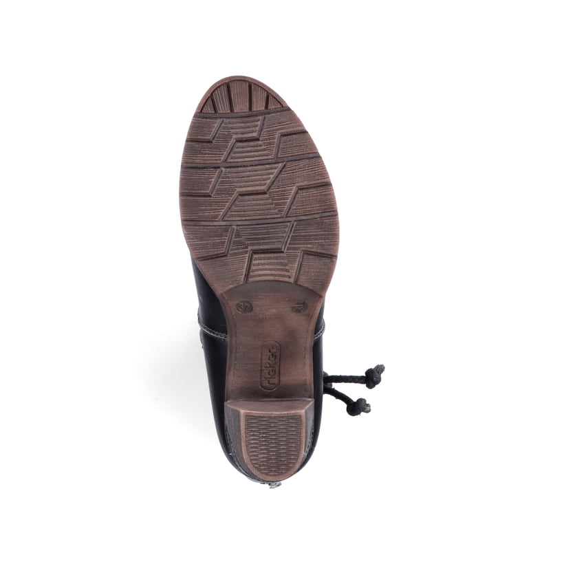 Schwarze Rieker Damen Hochschaftstiefel 96059-00 mit dekorativer Kordel. Schuh Laufsohle.