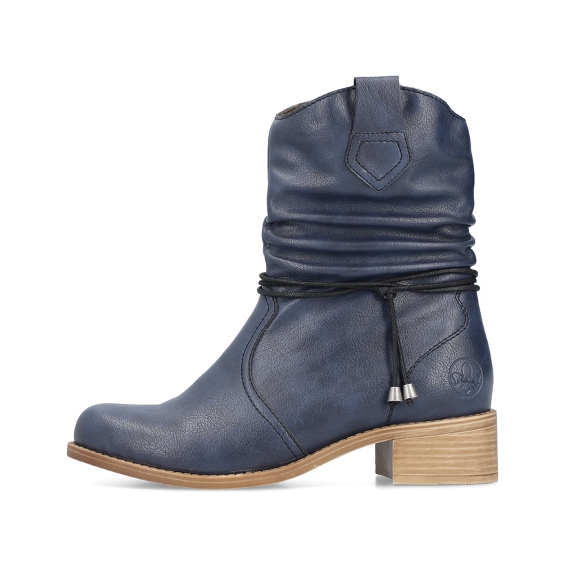 Pazifikblaue Rieker Damen Kurzstiefel 76584-14 mit modischer Kordel. Schuh Außenseite.