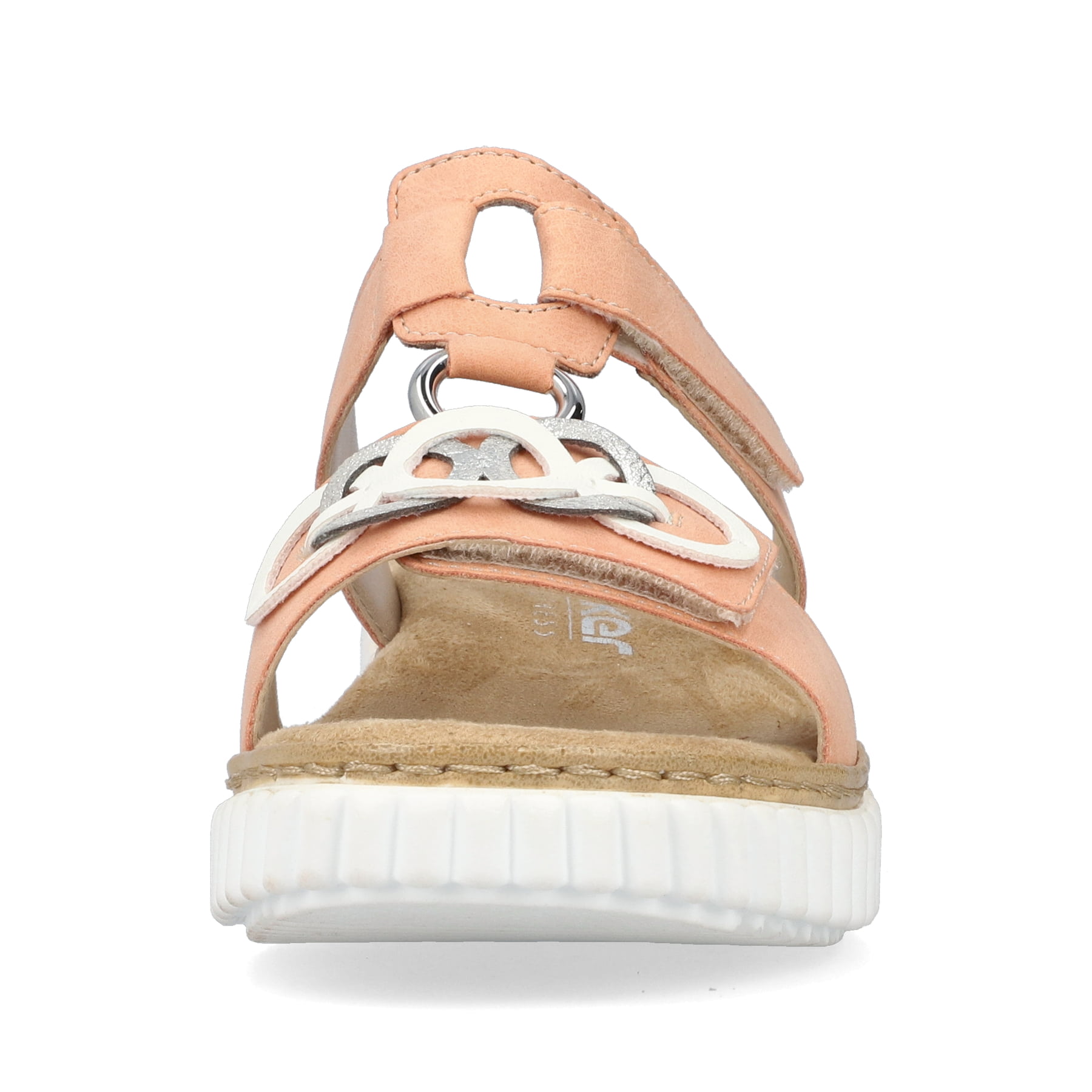 Orangene Rieker Damen Pantoletten 63294-38 mit einem Klettverschluss. Schuh von vorne.