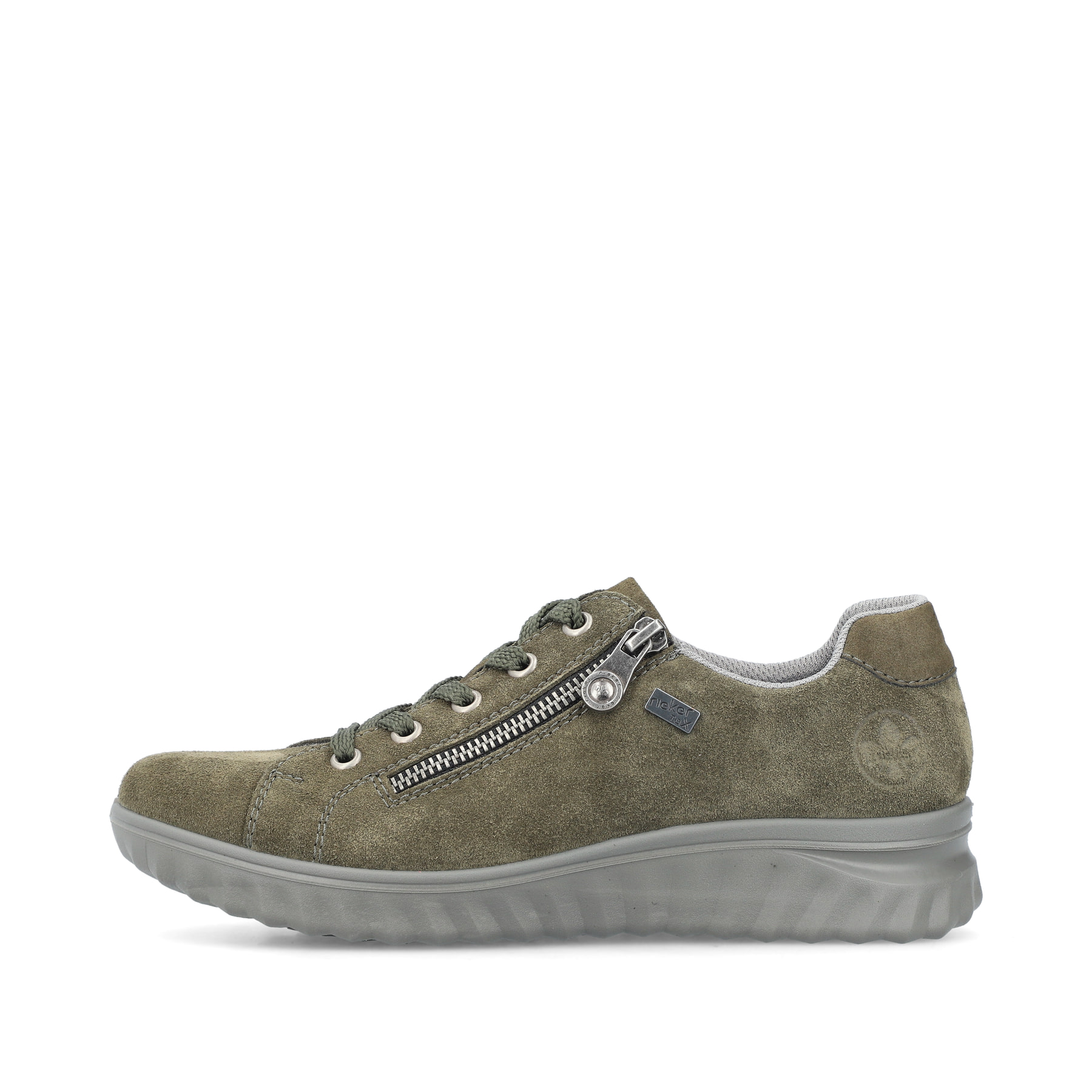 Zartrosane vegane Rieker Damen Loafer 58955-31 mit einem Elastikeinsatz. Schuh Außenseite gespiegelt.