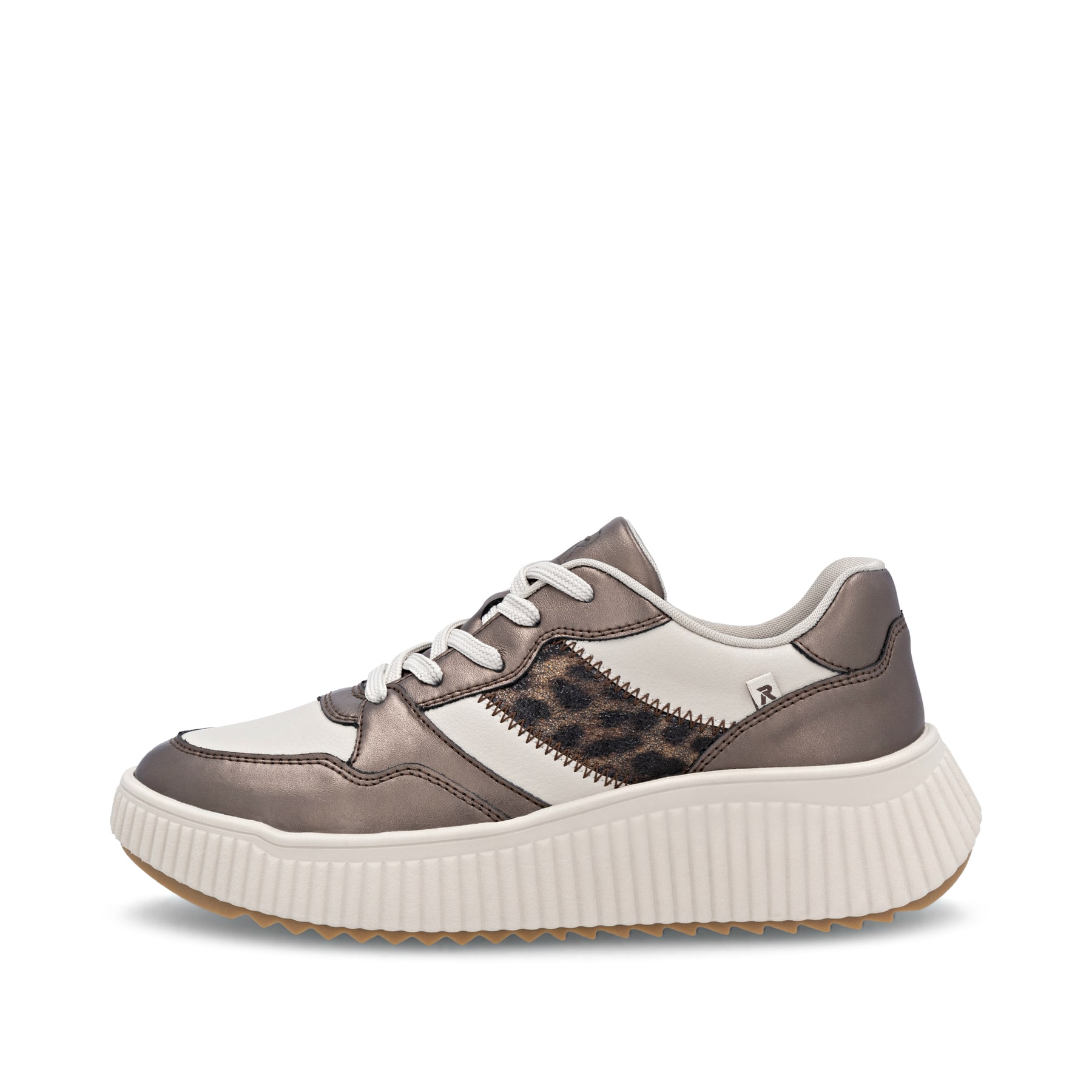 Beige Rieker Damen Sneaker Low W1702-60 aus Glattleder mit Leo-Print. Schuh Außenseite.