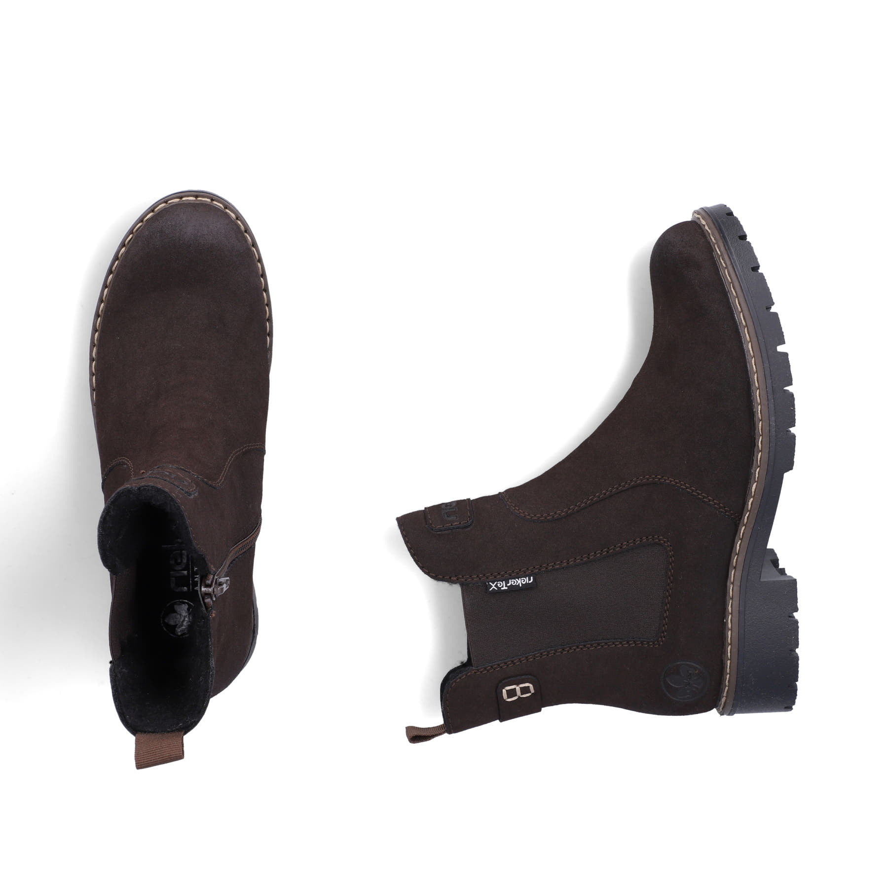 Dunkelbraune Rieker Damen Chelsea Boots Y9160-25 mit einem Reißverschluss. Schuh von oben, liegend.