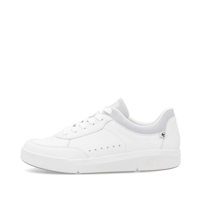 Weiße Rieker Damen Sneaker Low 41910-81 mit Schnürung sowie super leichter Sohle. Schuh Außenseite.