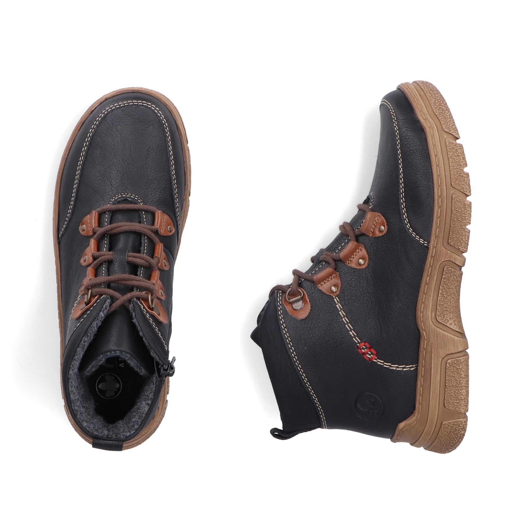 Schwarze Rieker Damen Schnürstiefel 72313-00 mit einem Reißverschluss. Schuh von oben, liegend.