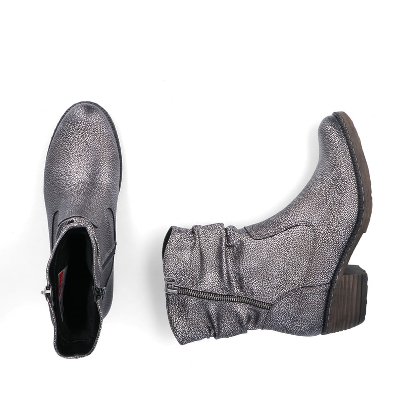 Silberne Rieker Damen Stiefeletten 93760-90 mit einem Reißverschluss. Schuh von oben, liegend.