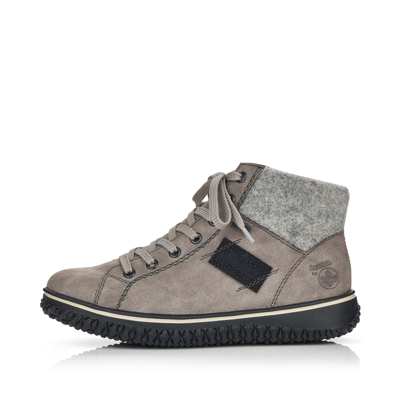 Graue Rieker Damen Schnürstiefel Z4230-40 mit wasserabweisender TEX-Membran. Schuh Außenseite.