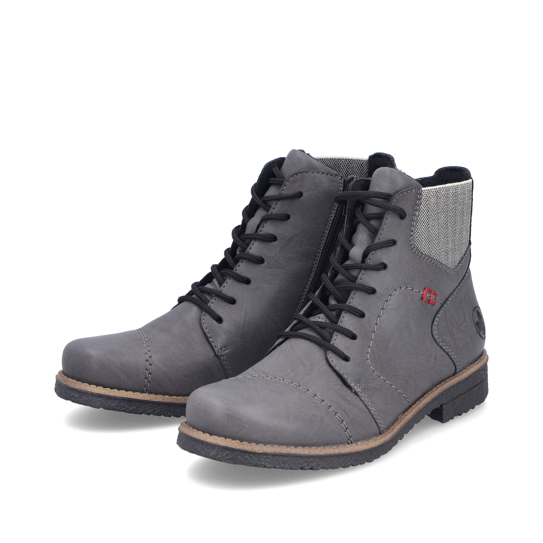 Dunkelgraue Rieker Damen Schnürstiefel 73522-45 mit einem Reißverschluss. Schuhpaar seitlich schräg.