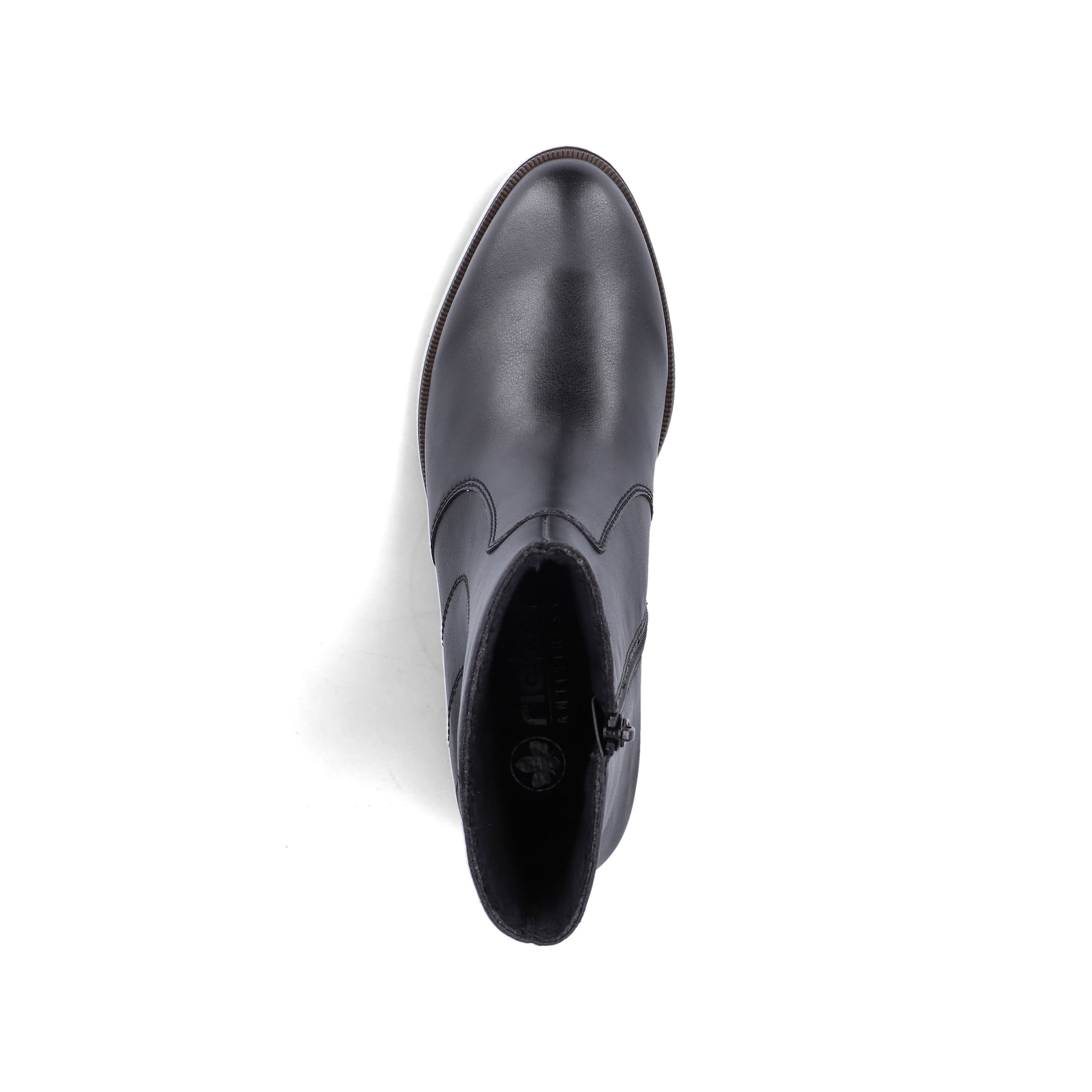 Schwarze Rieker Damen Kurzstiefel Y0581-00 mit modernen Ziernähten. Schuh von oben.