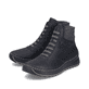 Schwarze Rieker Damen Schnürstiefel 51553-00 mit einem Reißverschluss. Schuhpaar seitlich schräg.