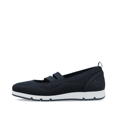 Blaue Rieker Ballerinas L3053-14 mit Gummizug sowie herausnehmbarer Einlegesohle. Schuh Außenseite.