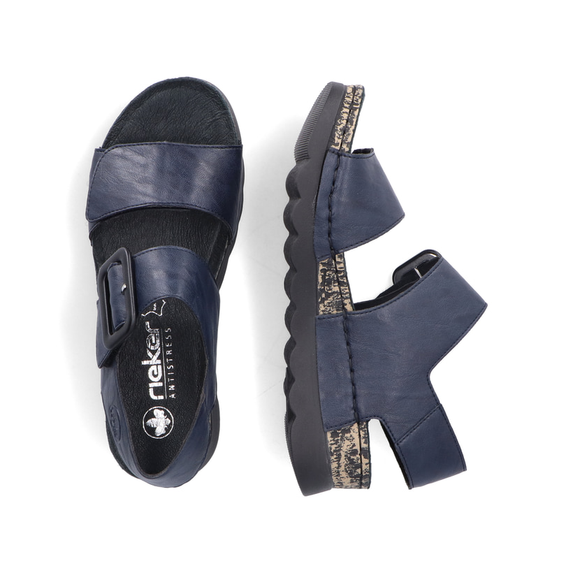 Blaue Rieker Damen Riemchensandalen 64450-14 mit einem Klettverschluss. Schuh von oben, liegend.