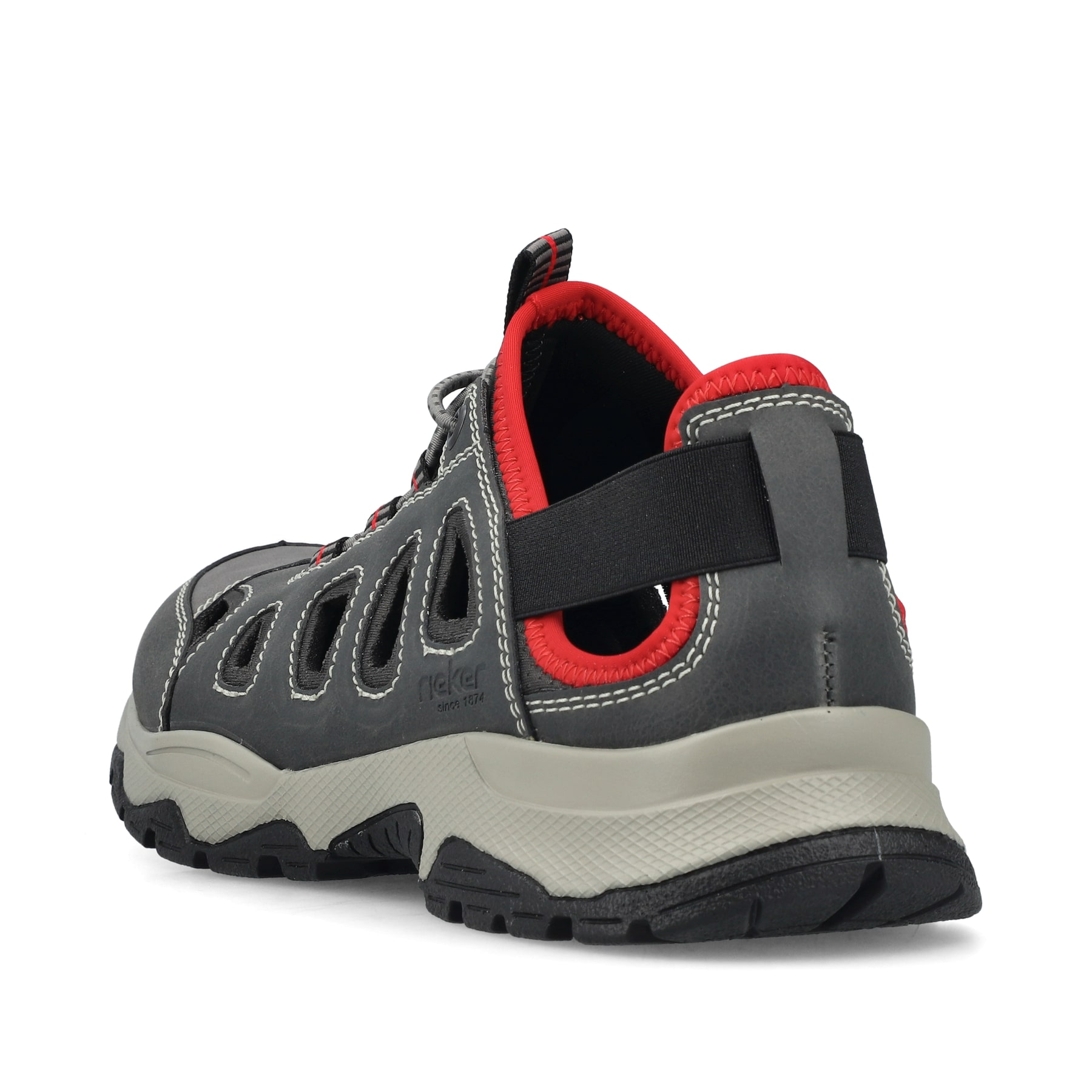 Graue Rieker Herren Slipper B8366-45 mit einem Gummizug sowie Komfortweite G 1/2. Schuh von hinten.