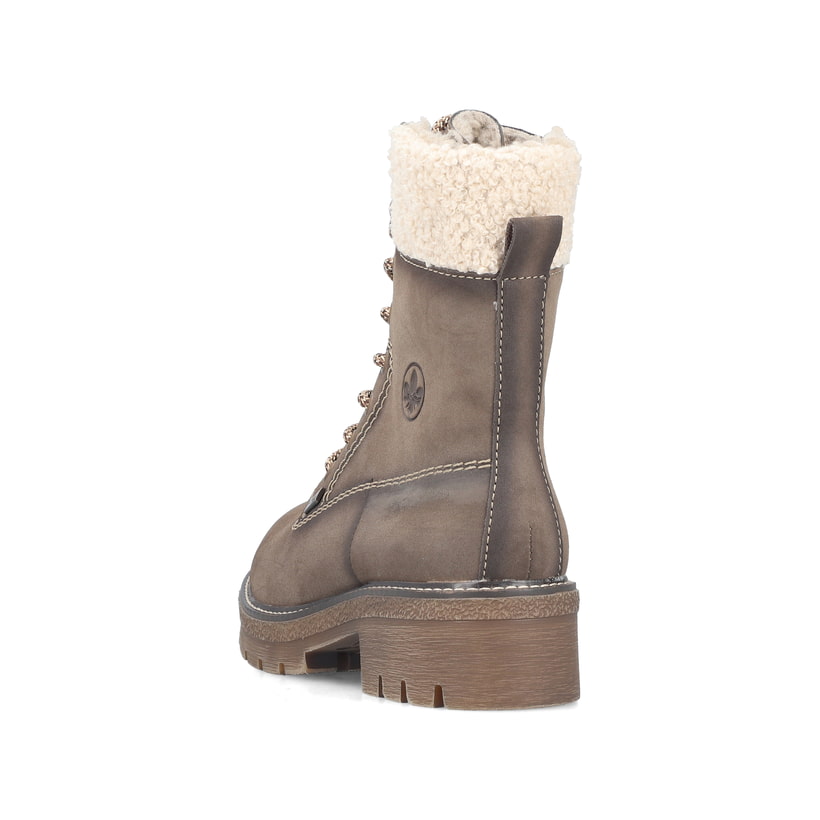 Braun-beige Rieker Damen Schnürstiefel Y8119-25 mit Teddyfell-Kragen. Schuh von hinten.
