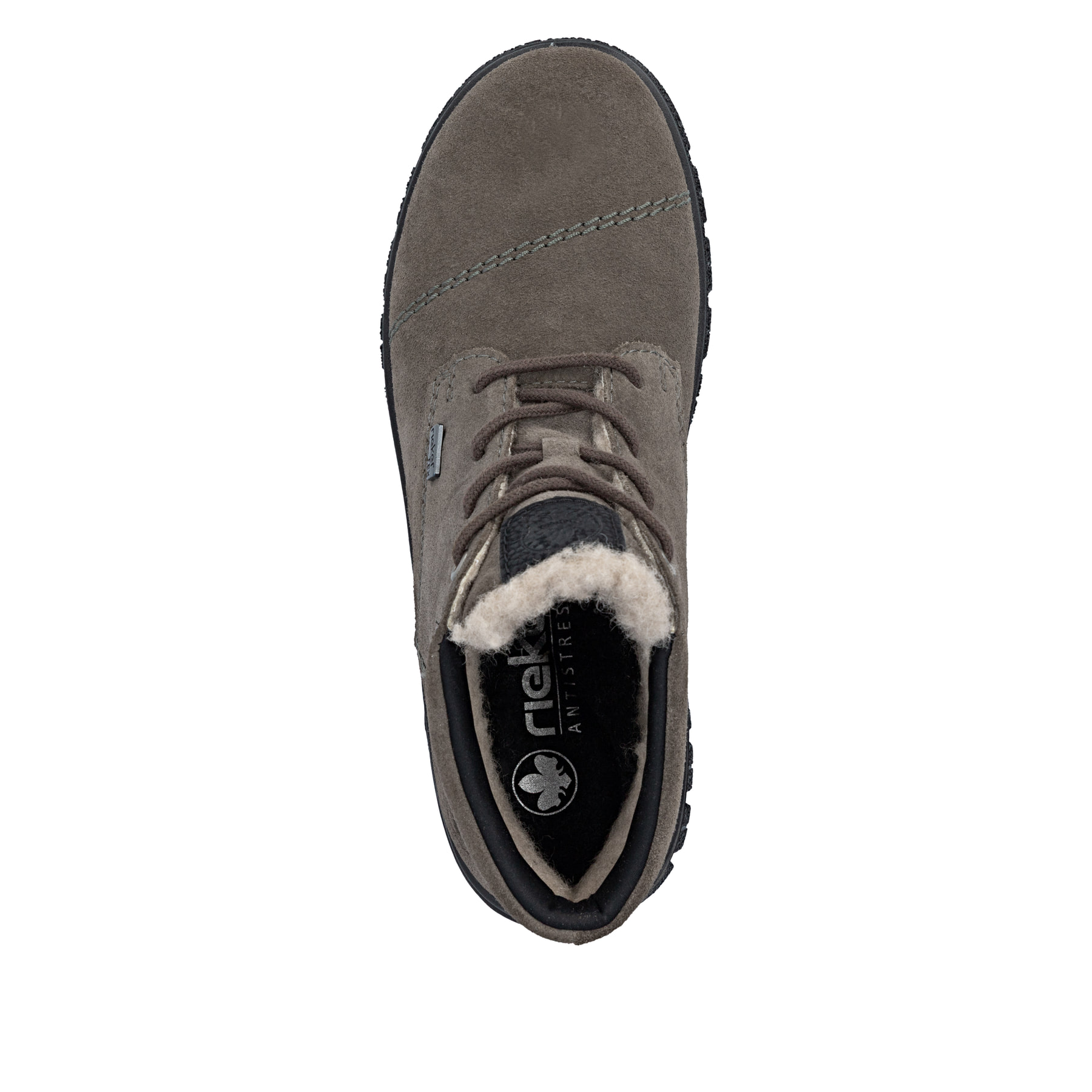 Dunkelgraue Rieker Damen Schnürstiefel Z7218-45 aus Rauleder. Schuh von oben.