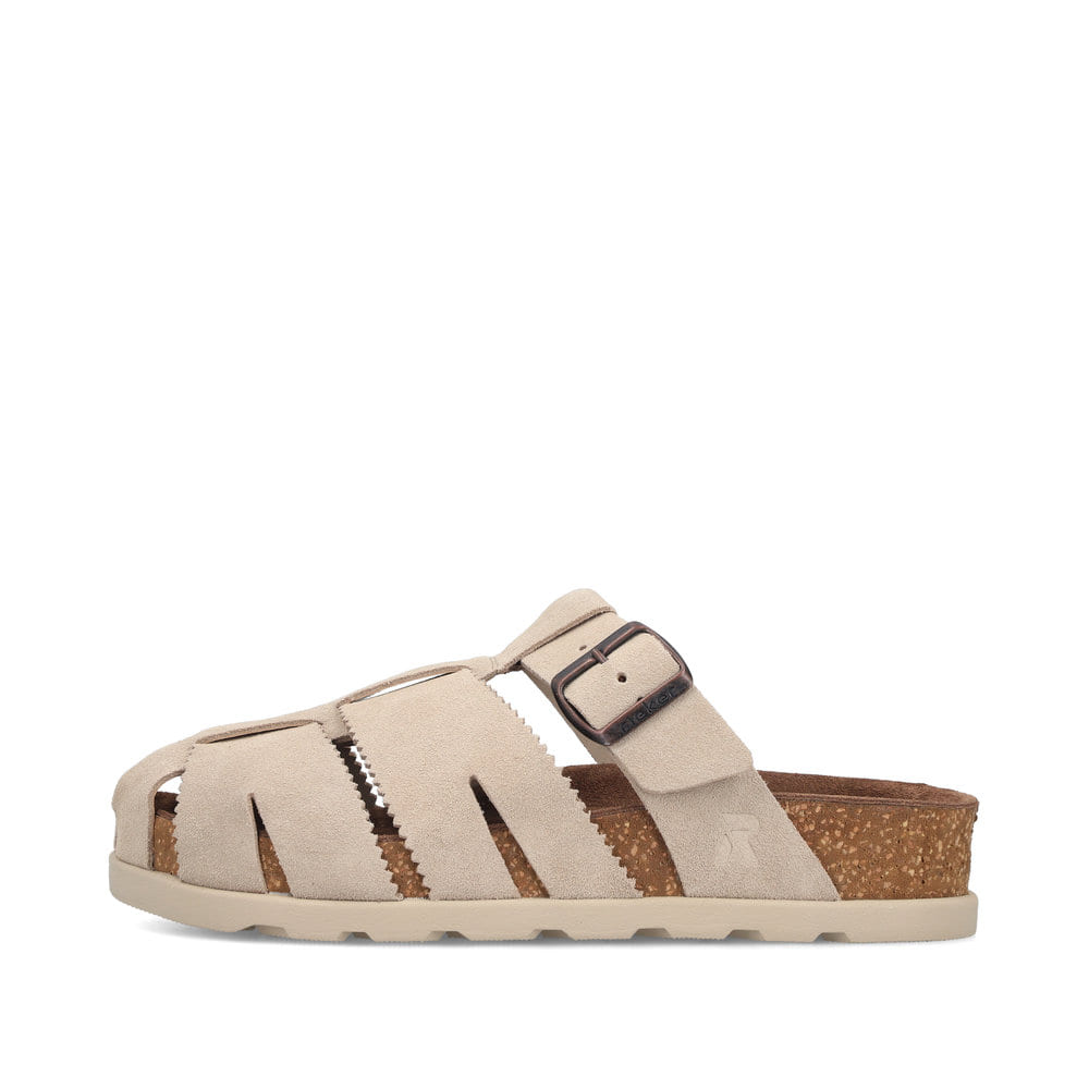 Mules Rieker beiges pour femme V3164-62 en cuir velours avec boucles. Côté extérieur de la chaussure.