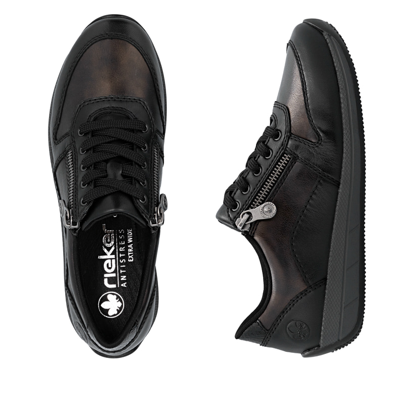 Braune Rieker Damen Sneaker Low N1100-25 aus Glattleder mit einem Reißverschluss. Schuh von oben, liegend.