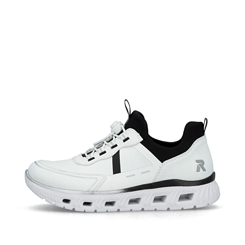 Weiße vegane Rieker Damen Sneaker Low M6062-80 mit einem Gummizug. Schuh Außenseite.