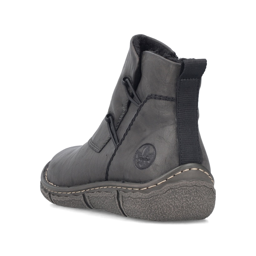 Dunkelgraue Rieker Damen Kurzstiefel Z3782-45 mit einem Reißverschluss. Schuh von hinten.