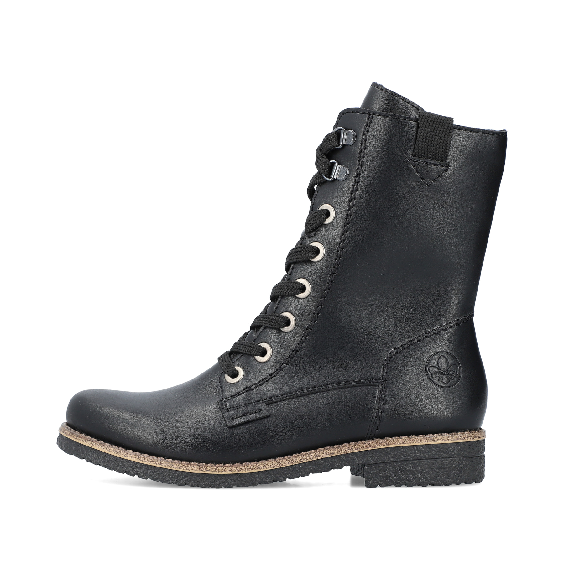 Tiefschwarze Rieker Damen Schnürstiefel 73542-00 mit Schnürung und Reißverschluss. Schuh Außenseite
