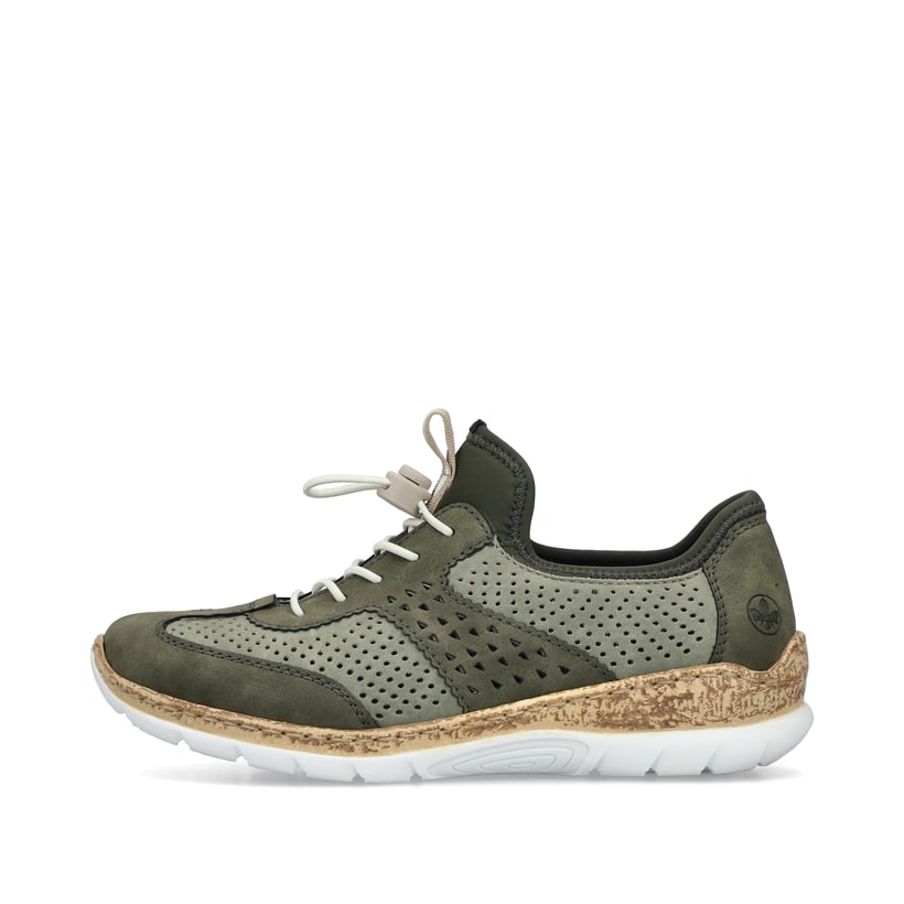 Grüne Rieker Damen Slipper N4245-54 mit einem Gummizug. Schuh Außenseite.