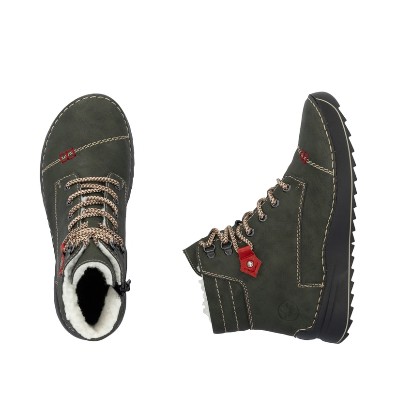 Dunkelgrüne Rieker Damen Schnürstiefel 51545-54 mit einem Reißverschluss. Schuh von oben, liegend.