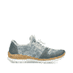 Blaue Rieker Damen Slipper N4255-12 mit einem Gummizug. Schuh Innenseite.