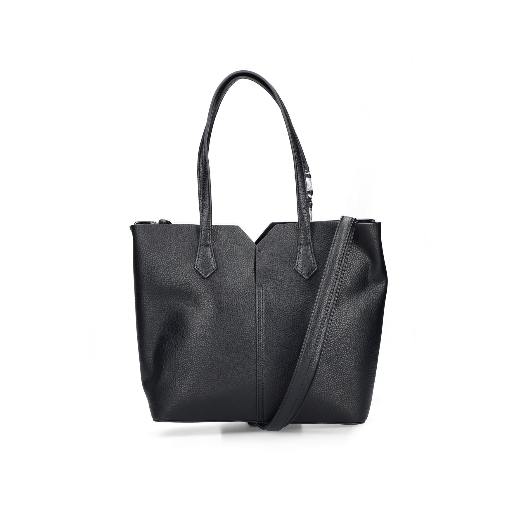 Rieker Shopper H1006-01 in Schwarz mit Tuchdetail und Handytasche. Rückseite.