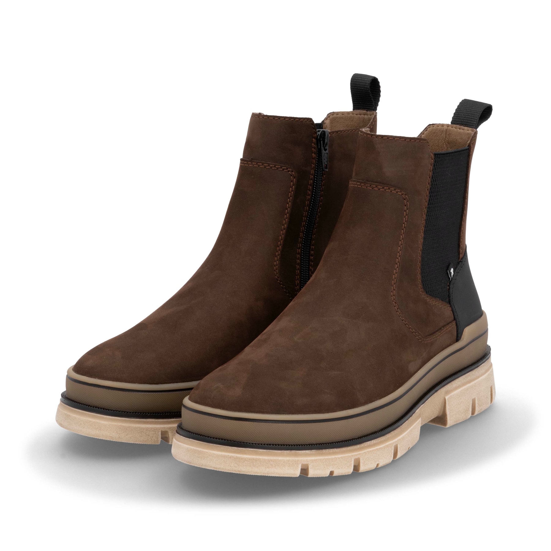 Braune Rieker Herren Chelsea Boots U1272-25 mit TR-Sohle mit leichtem EVA-Inlet. Schuhpaar seitlich schräg.