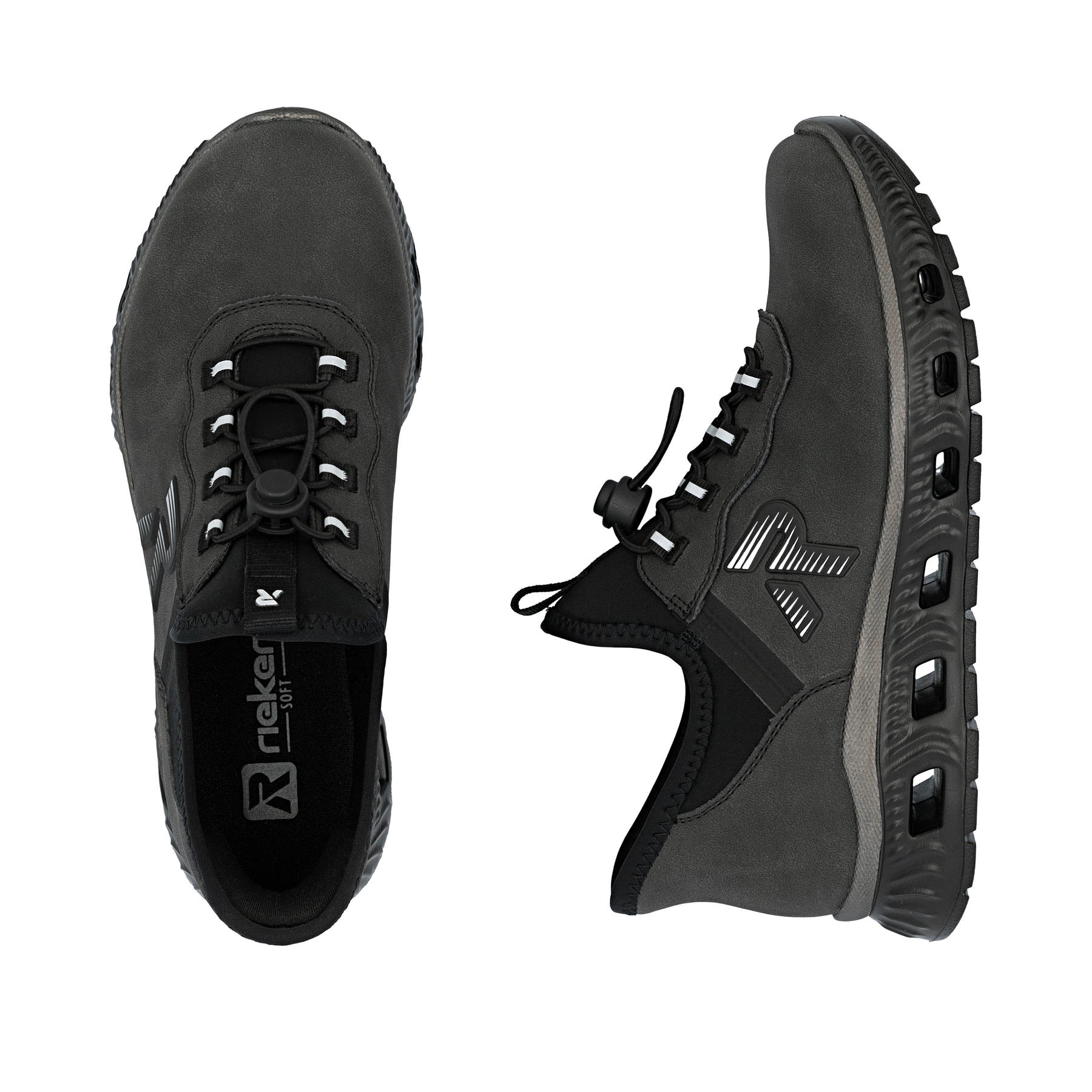 Dunkelgraue Rieker Damen Sneaker Low M6065-45 mit easy Hineinschlüpf-Möglichkeit. Schuh von oben, liegend.