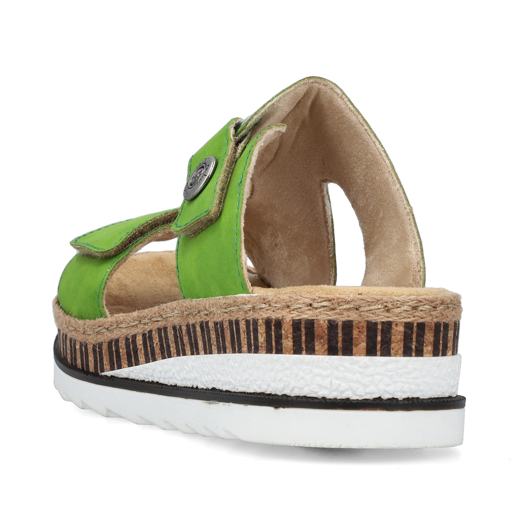 Grüne Rieker Damen Pantoletten V7982-52 mit einem Klettverschluss. Schuh von hinten.