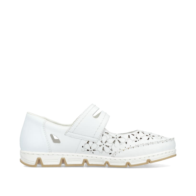 Weiße Rieker Ballerinas 49977-80, Barfußschuhe mit einem Klettverschluss. Schuh Innenseite.