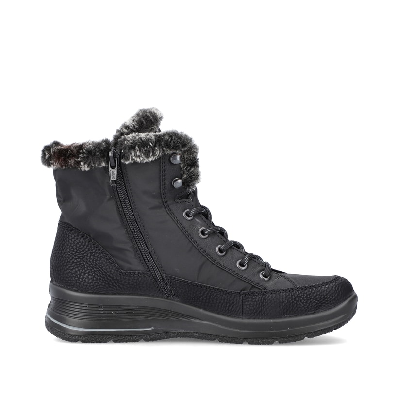 Nachtschwarze Rieker Damen Schnürstiefel L7742-00 mit Schnürung und Reißverschluss. Schuh von hinten