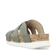 Grüngraue Rieker Damen Pantoletten 64469-52 mit groben Ziernähten. Schuh von hinten.