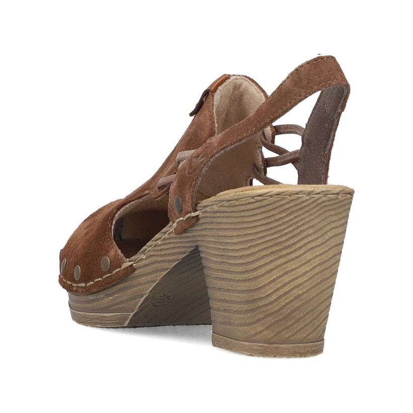 Braune Rieker Slingpumps 66775-24 aus Rauleder mit handgestickten Nähten. Schuh von hinten.