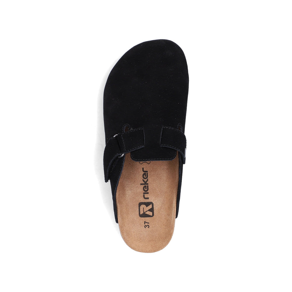 Schwarze Rieker Damen Clogs V6194-00 aus Glattleder mit einem Klettverschluss. Schuh von oben.