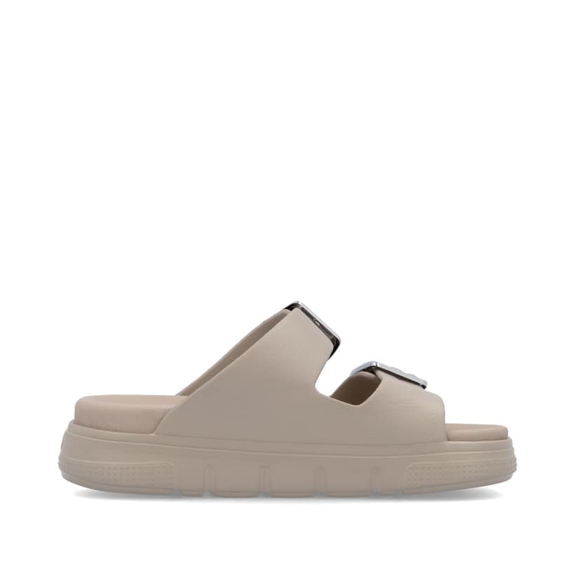 Beige Rieker Damen Pantoletten P2180-60 mit Schnallen sowie ultraleichter Sohle. Schuh Innenseite.