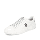 Weißer Rieker Herren Sneaker Low U0711-80 Schwenninger Wild Wings x Rieker Edition mit Eishockey-Schnürung und Wild Wings Logo. Schuh seitlich schräg.